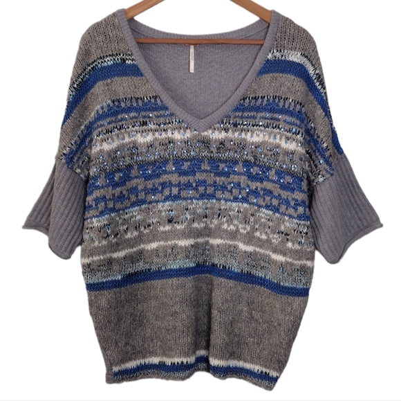 Free People Fair Isle Sequin V-Neck Sweater Size S - Picture 1 of 14